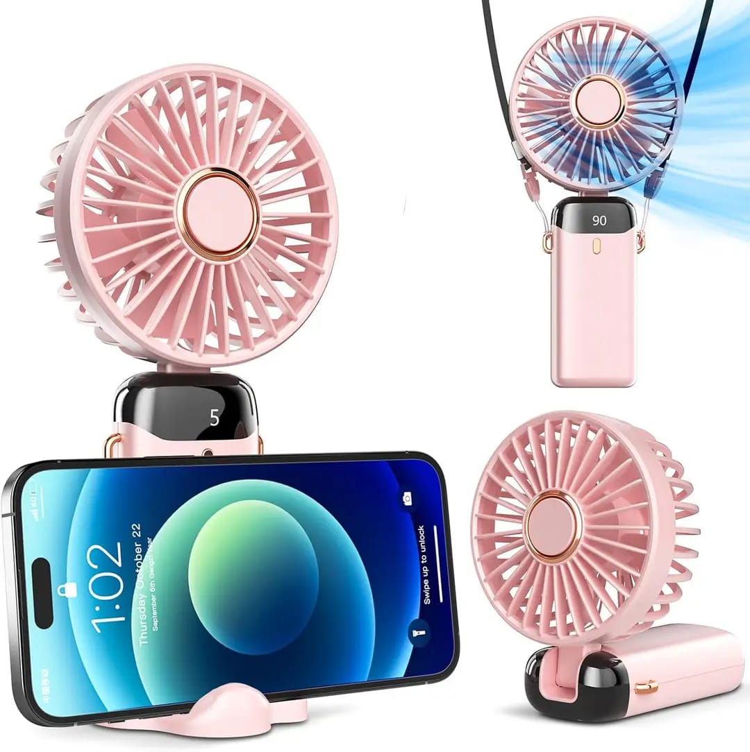 Rechargeable Foldable Pocket Fan with LED Battery Indicator – Handheld, Desk & Neck Fan