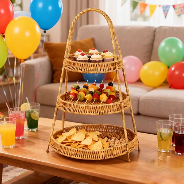 New Design Portable Durable Washable Multi-layer Snack Rack Hand Woven PP Rattan Storage Basket with Three Layers