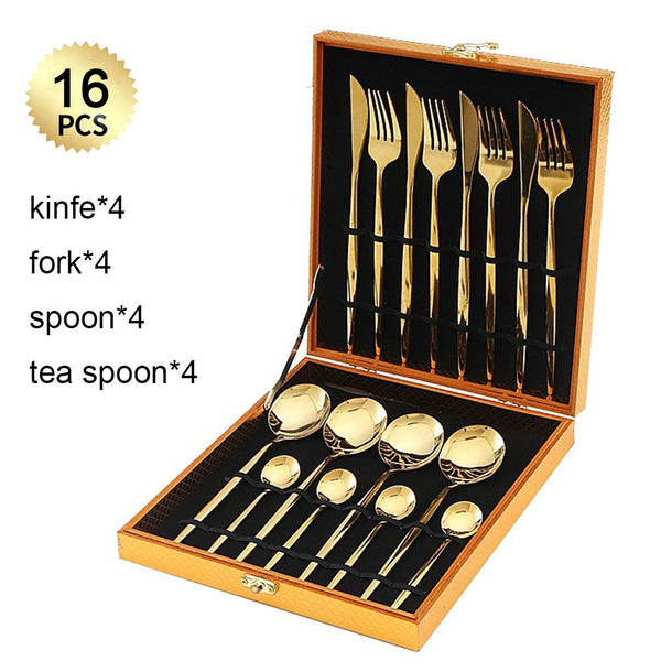 Portugal Stainless Steel Luxury Retro Design 16 PCS Tableware Gift Set Golden Wooden Box Mirror Polished Steak Knife Fork Spoon