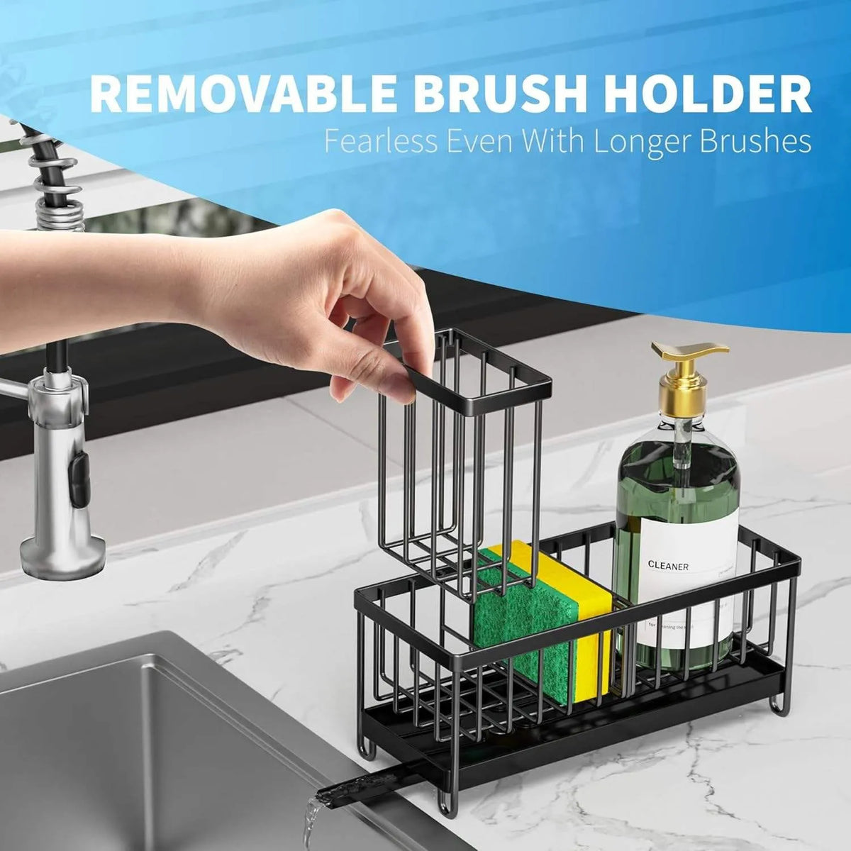 Black Sponge Holder for Kitchen Sink, Sink Caddy Organizer with High Brush Holder, Kitchen Countertop Organizers