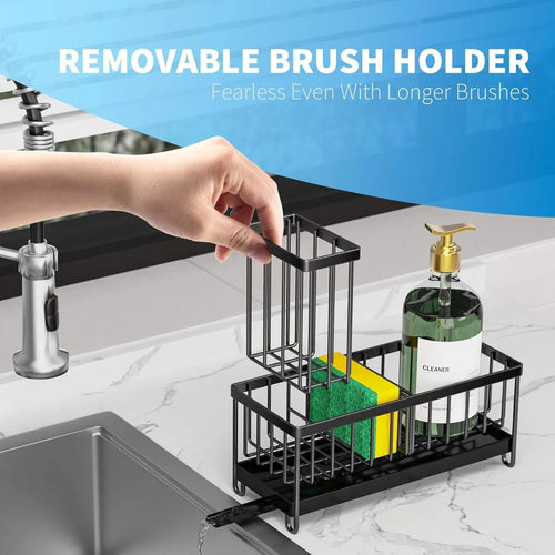 Black Sponge Holder for Kitchen Sink, Sink Caddy Organizer with High Brush Holder, Kitchen Countertop Organizers