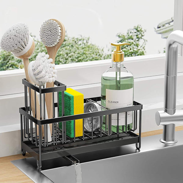 Black Sponge Holder for Kitchen Sink, Sink Caddy Organizer with High Brush Holder, Kitchen Countertop Organizers