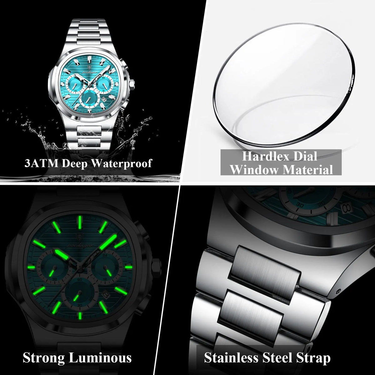 Poedagar 834 Stainless Steel Waterproof Luminous Men Quartz Watch Business Chronograph Watch for Men