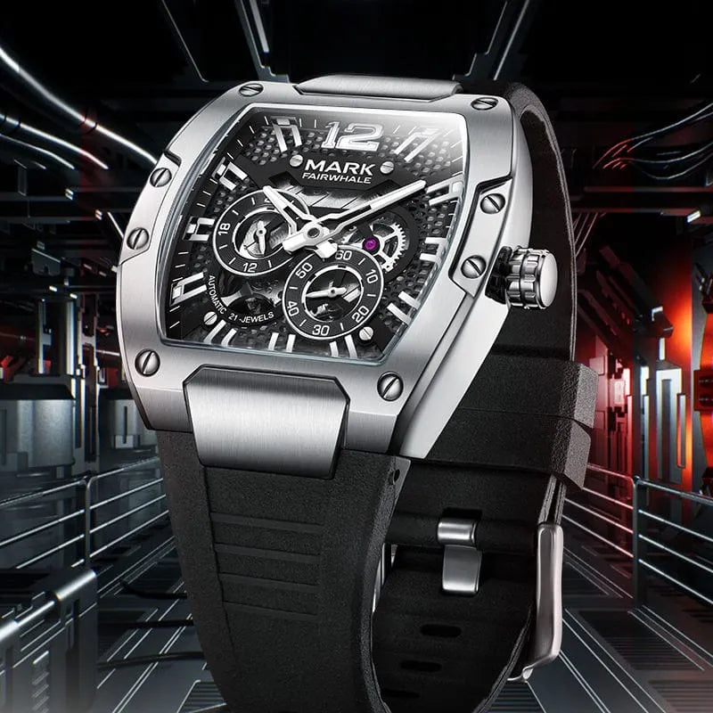 Mark Fairwhale Barrel Shape Automatic Mechanical Watch 44mm Alloy Case Rubber Band Waterproof Luminous Wristwatch FW-6850