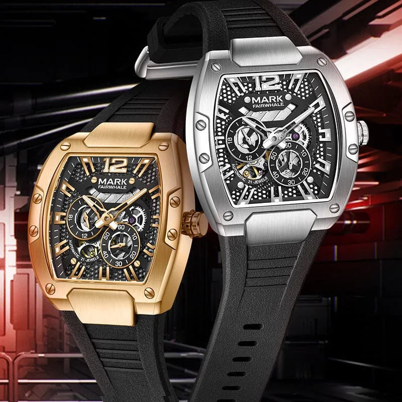 Mark Fairwhale Barrel Shape Automatic Mechanical Watch 44mm Alloy Case Rubber Band Waterproof Luminous Wristwatch FW-6850