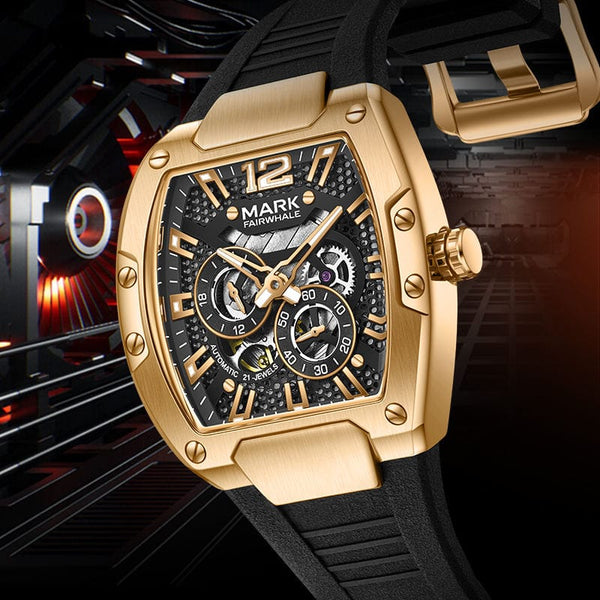 Mark Fairwhale Barrel Shape Automatic Mechanical Watch 44mm Alloy Case Rubber Band Waterproof Luminous Wristwatch FW-6850