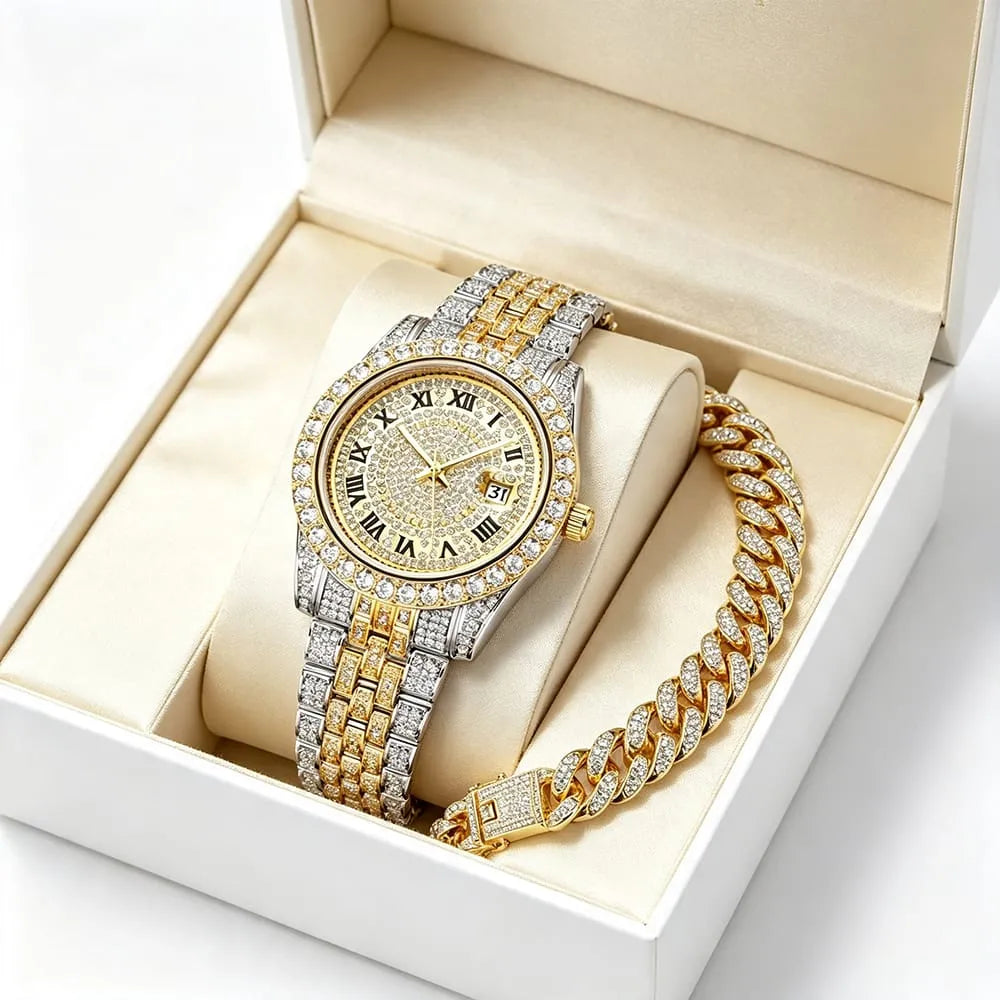 Hip Hop Bling Men's Jewelry Set 2pcs 45mm Big Dial Iced Out Watch with Full Diamond Cuban Link Bracelet for Edgy Streetwear Look