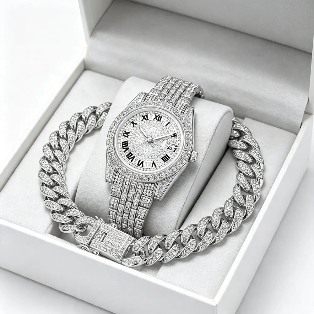 Hip Hop Bling Men's Jewelry Set 2pcs 45mm Big Dial Iced Out Watch with Full Diamond Cuban Link Bracelet for Edgy Streetwear Look
