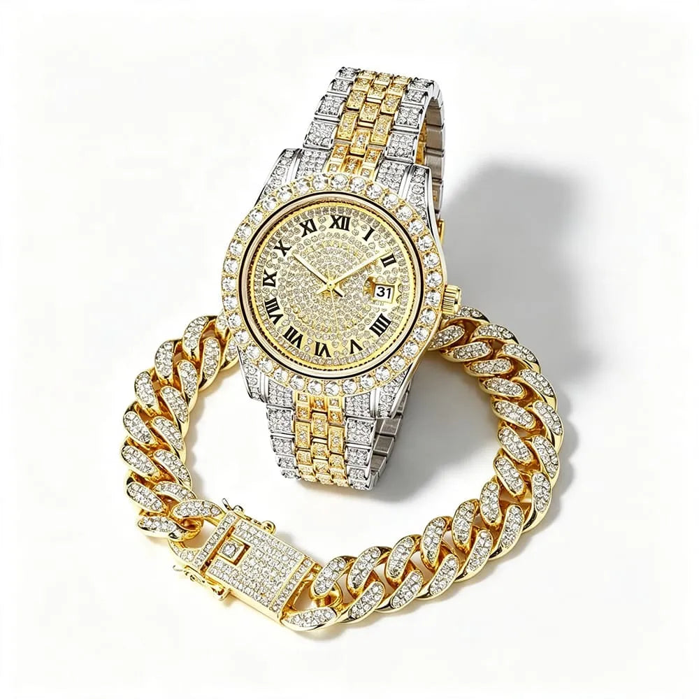 Hip Hop Bling Men's Jewelry Set 2pcs 45mm Big Dial Iced Out Watch with Full Diamond Cuban Link Bracelet for Edgy Streetwear Look