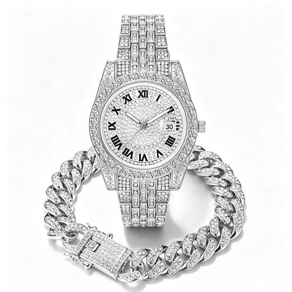 Hip Hop Bling Men's Jewelry Set 2pcs 45mm Big Dial Iced Out Watch with Full Diamond Cuban Link Bracelet for Edgy Streetwear Look