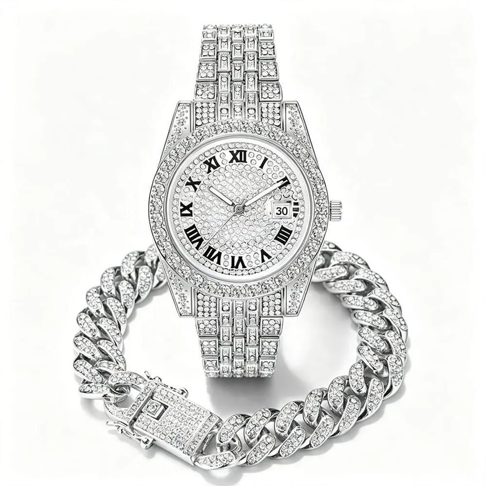 Hip Hop Bling Men's Jewelry Set 2pcs 45mm Big Dial Iced Out Watch with Full Diamond Cuban Link Bracelet for Edgy Streetwear Look
