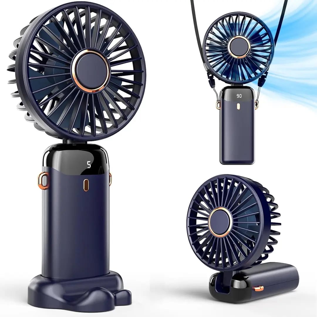 Rechargeable Foldable Pocket Fan with LED Battery Indicator – Handheld, Desk & Neck Fan